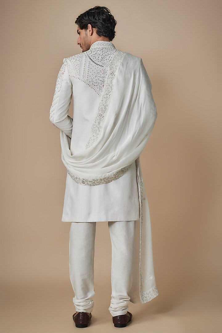 Ivory Silk Sherwani Set by Jayesh and Kaajal Shah Men at Pernia's Pop Up Shop