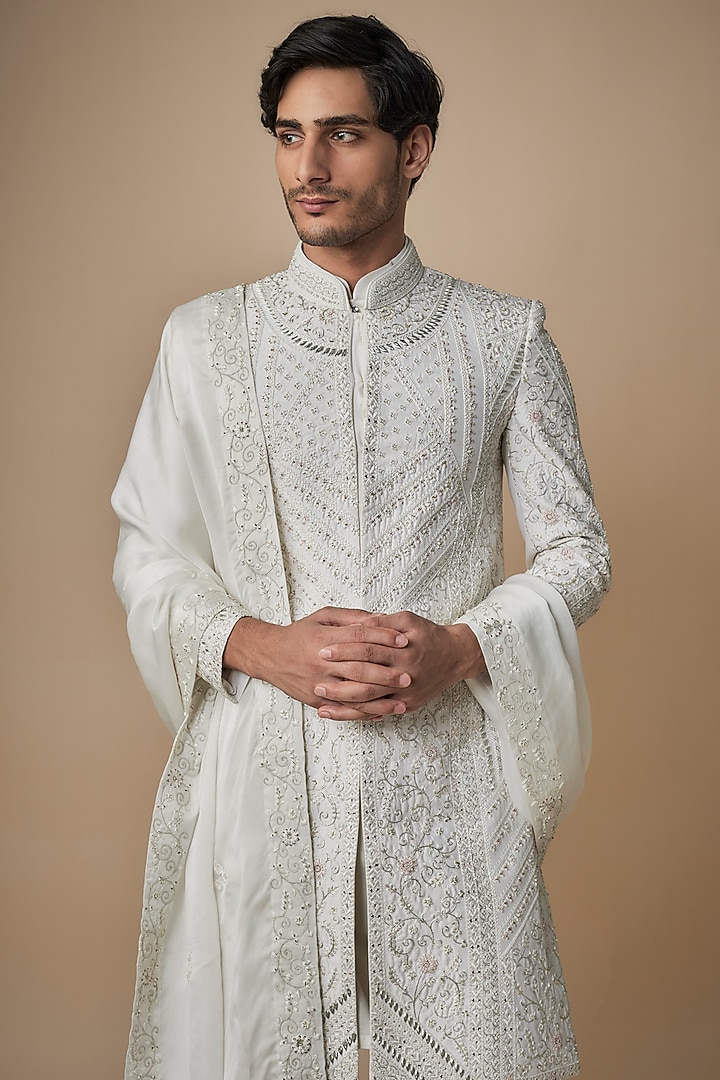 Ivory Silk Sherwani Set by Jayesh and Kaajal Shah Men at Pernia's Pop Up Shop