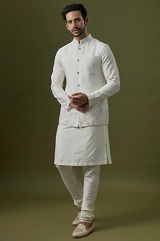 White Silk Thread Embroidered Nehru Jacket by Jayesh and Kaajal Shah Men