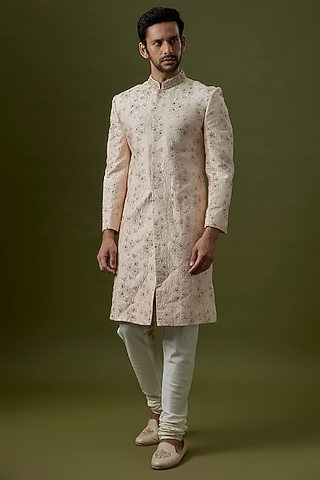 Ivory Silk Hand Embroidered Sherwani by Jayesh and Kaajal Shah Men