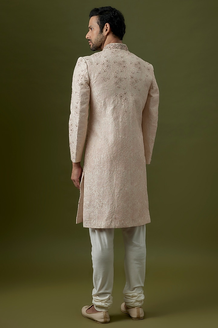 Ivory Silk Hand Embroidered Wedding Sherwani by Jayesh and Kaajal Shah Men at Pernia's Pop Up Shop