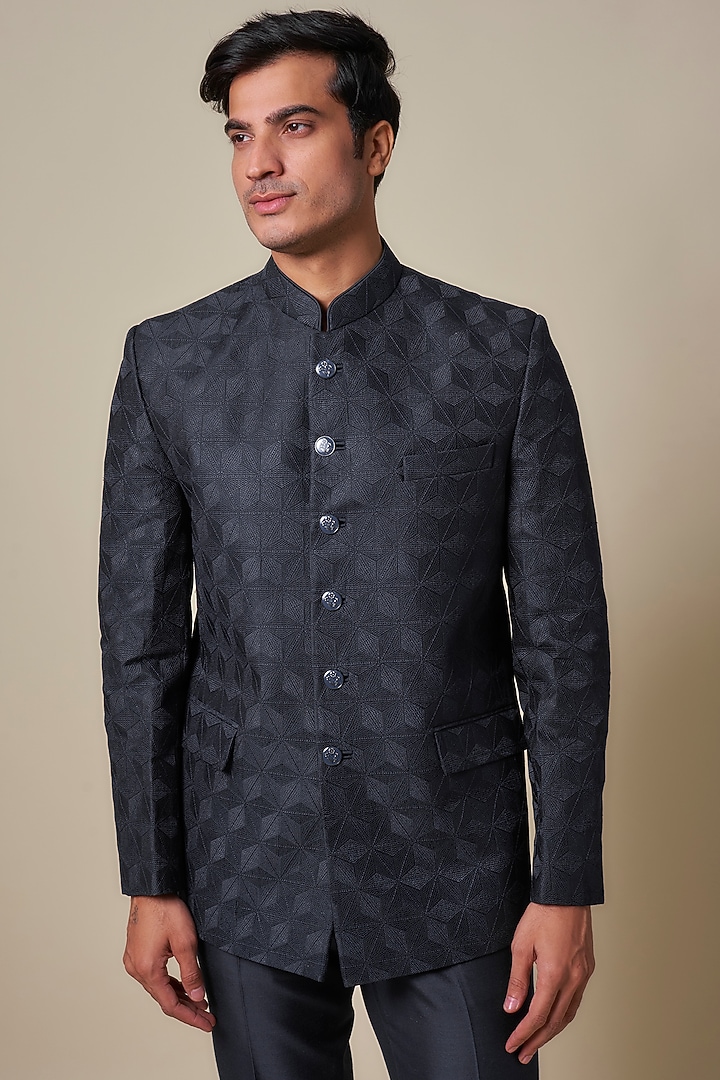 Blue Silk Zardosi Embroidered Wedding Bandhgala Set by Jayesh and Kaajal Shah Men at Pernia's Pop Up Shop