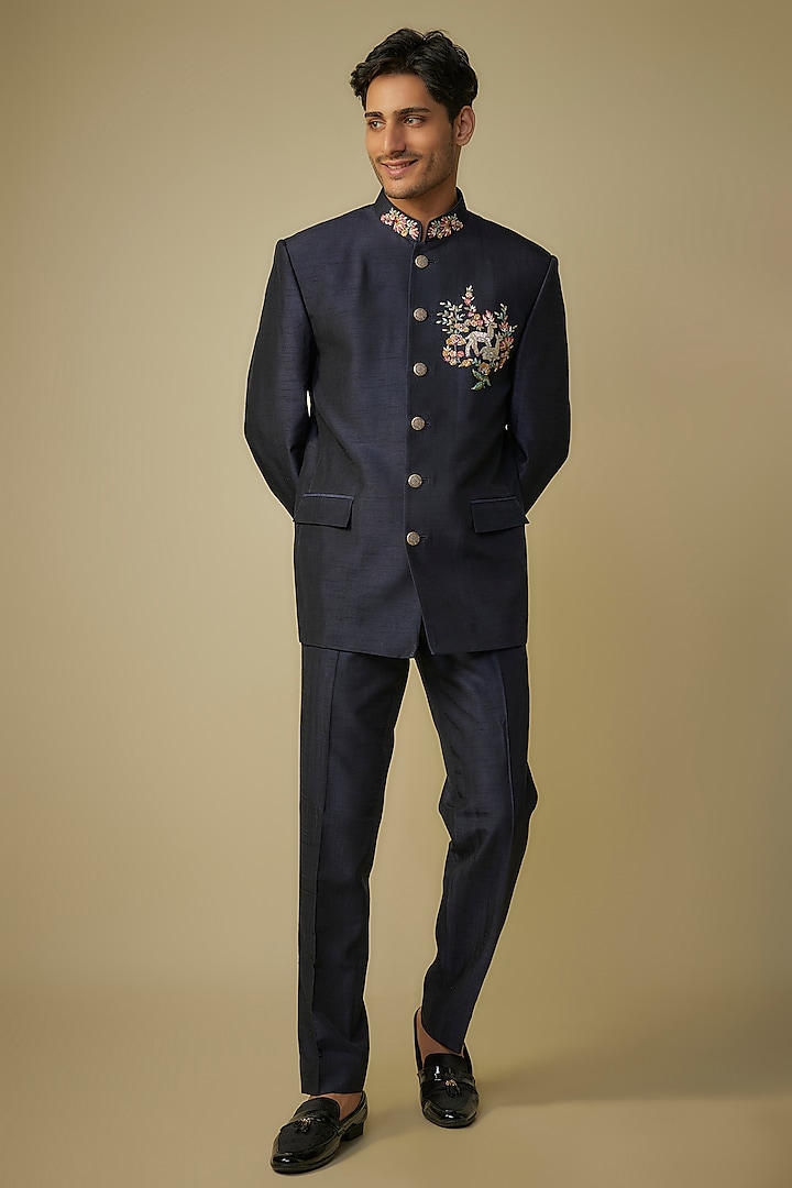 Navy Blue Nokia Silk Motif Work Bandhgala Set by Jayesh and Kaajal Shah