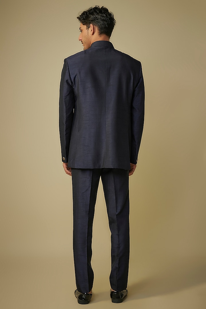 Navy Blue Nokia Silk Motif Work Wedding Bandhgala Set by Jayesh and Kaajal Shah Men at Pernia's Pop Up Shop