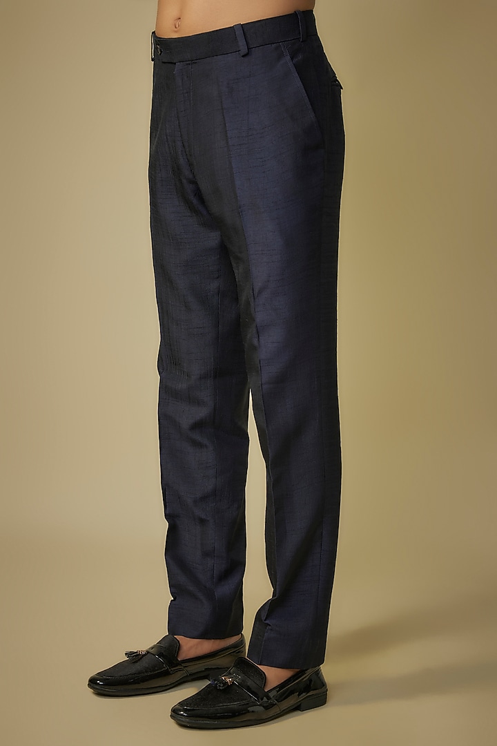 Navy Blue Nokia Silk Motif Work Wedding Bandhgala Set by Jayesh and Kaajal Shah Men at Pernia's Pop Up Shop