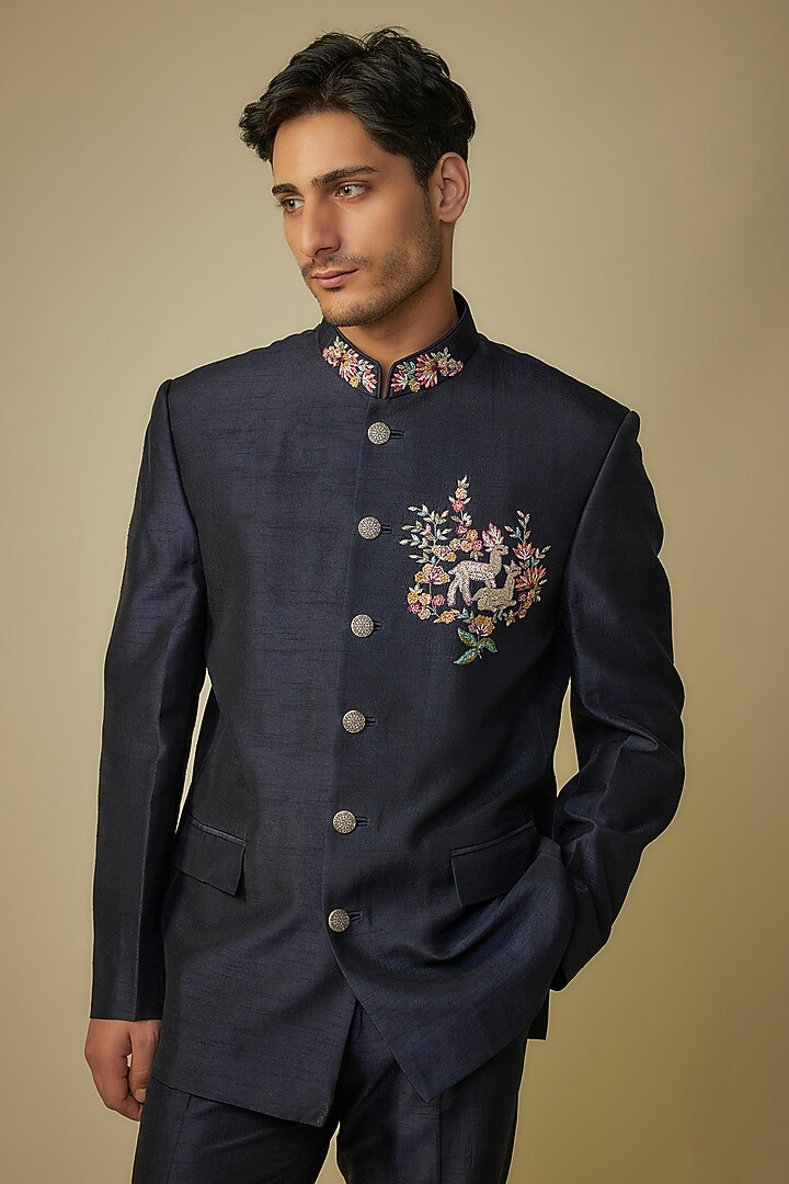 Navy Blue Nokia Silk Motif Work Wedding Bandhgala Set by Jayesh and Kaajal Shah Men at Pernia's Pop Up Shop