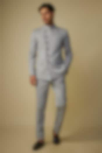 Grey Cotton Lycra Overleaf Jodhpuri Jacket Set by Jayesh and Kaajal Shah