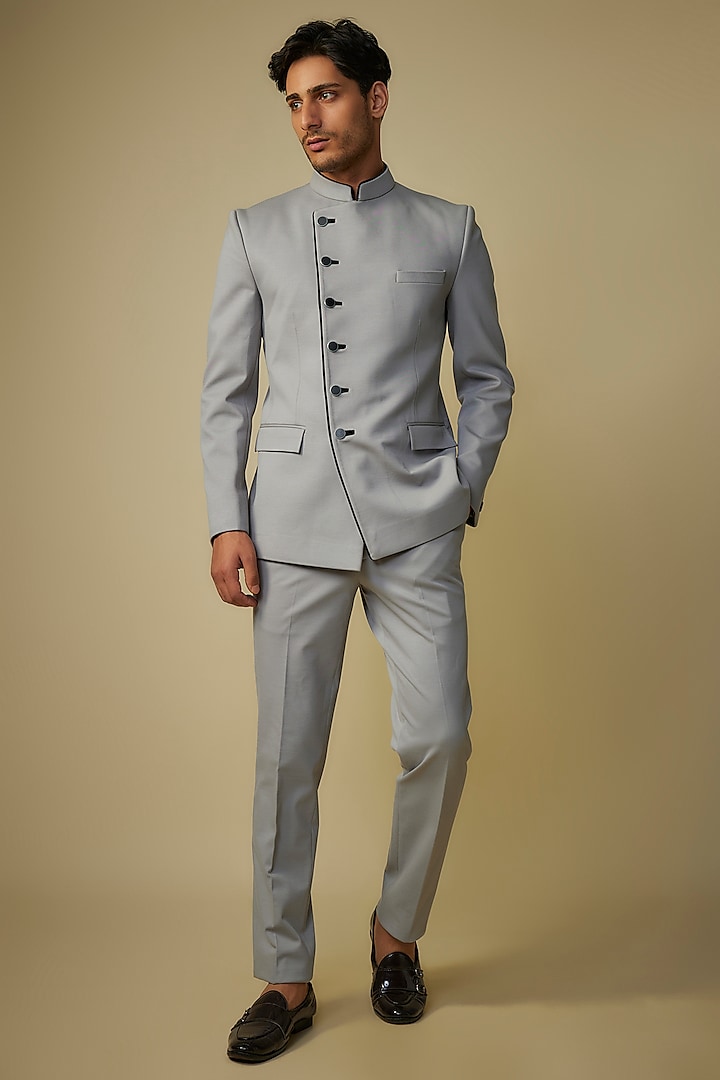 Grey Cotton Lycra Overleaf Jodhpuri Jacket Set by Jayesh and Kaajal Shah