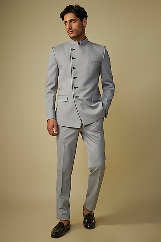 Grey Cotton Lycra Overleaf Jodhpuri Jacket Set by Jayesh and Kaajal Shah Men