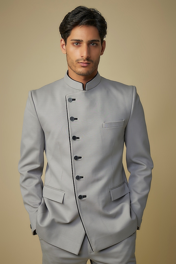 Grey Cotton Lycra Overleaf Jodhpuri Jacket Set by Jayesh and Kaajal Shah Men at Pernia's Pop Up Shop
