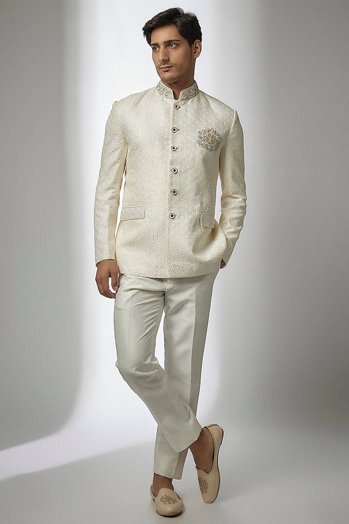 Grey Cotton Lycra Jodhpuri set by Jayesh and Kaajal Shah