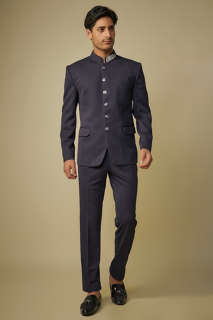 Navy Blue Knitted Fabric Bandhgala Set by Jayesh and Kaajal Shah