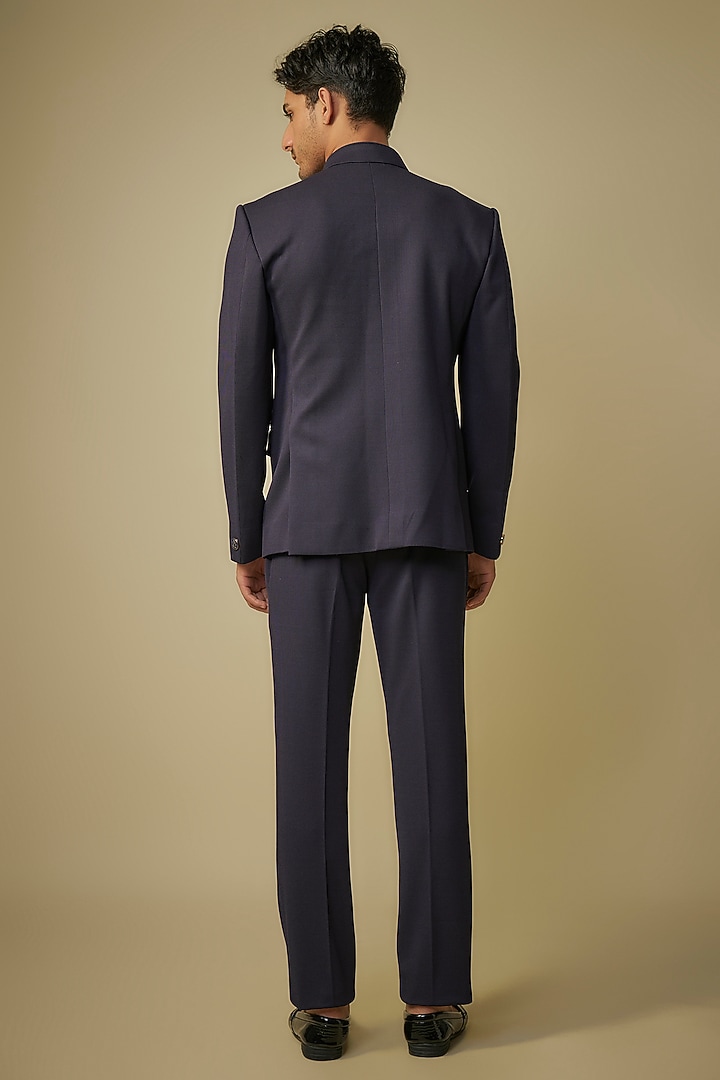 Navy Blue Knitted Fabric Wedding Bandhgala Set by Jayesh and Kaajal Shah Men at Pernia's Pop Up Shop