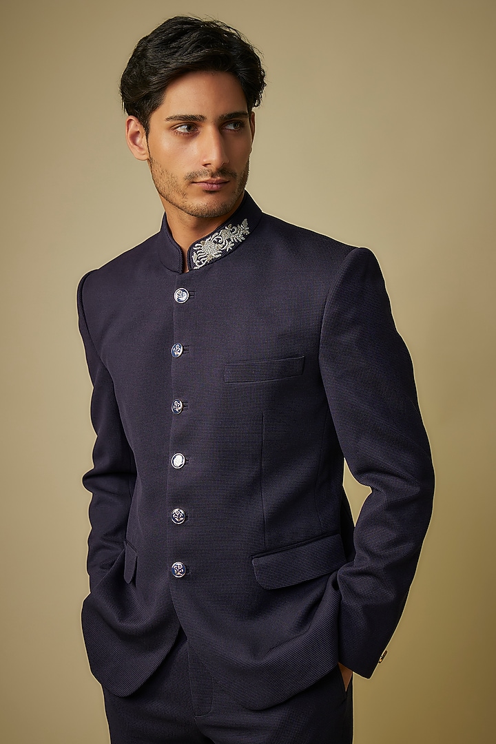 Navy Blue Knitted Fabric Wedding Bandhgala Set by Jayesh and Kaajal Shah Men at Pernia's Pop Up Shop