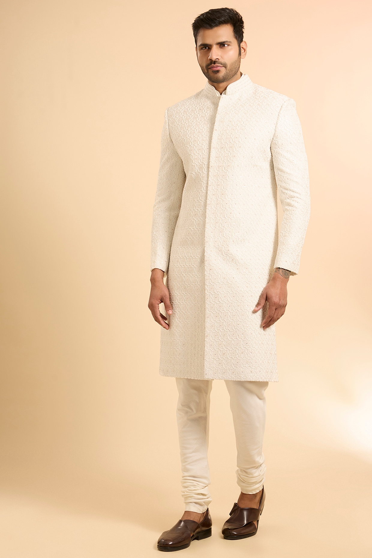 Jayesh and Kaajal Shah Ivory Silk Sherwani Set