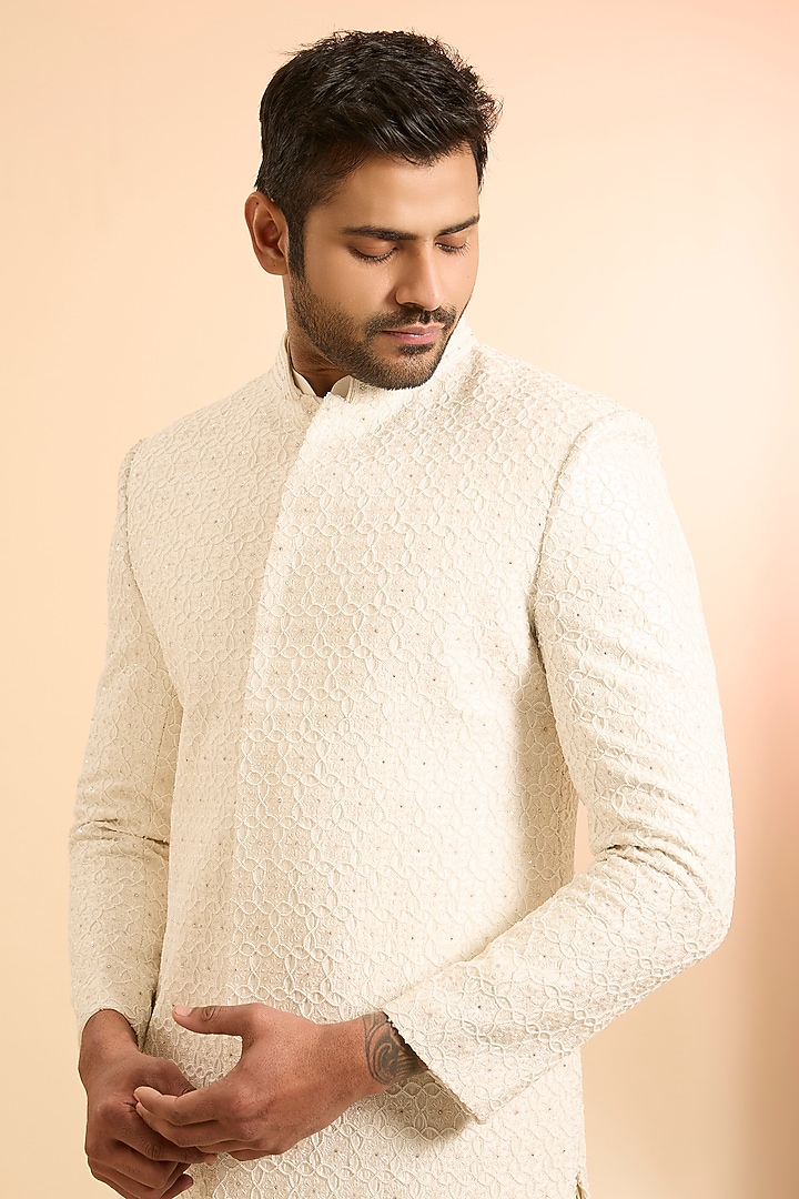 Ivory Silk Groom Sherwani Set by Jayesh and Kaajal Shah Men at Pernia's Pop Up Shop