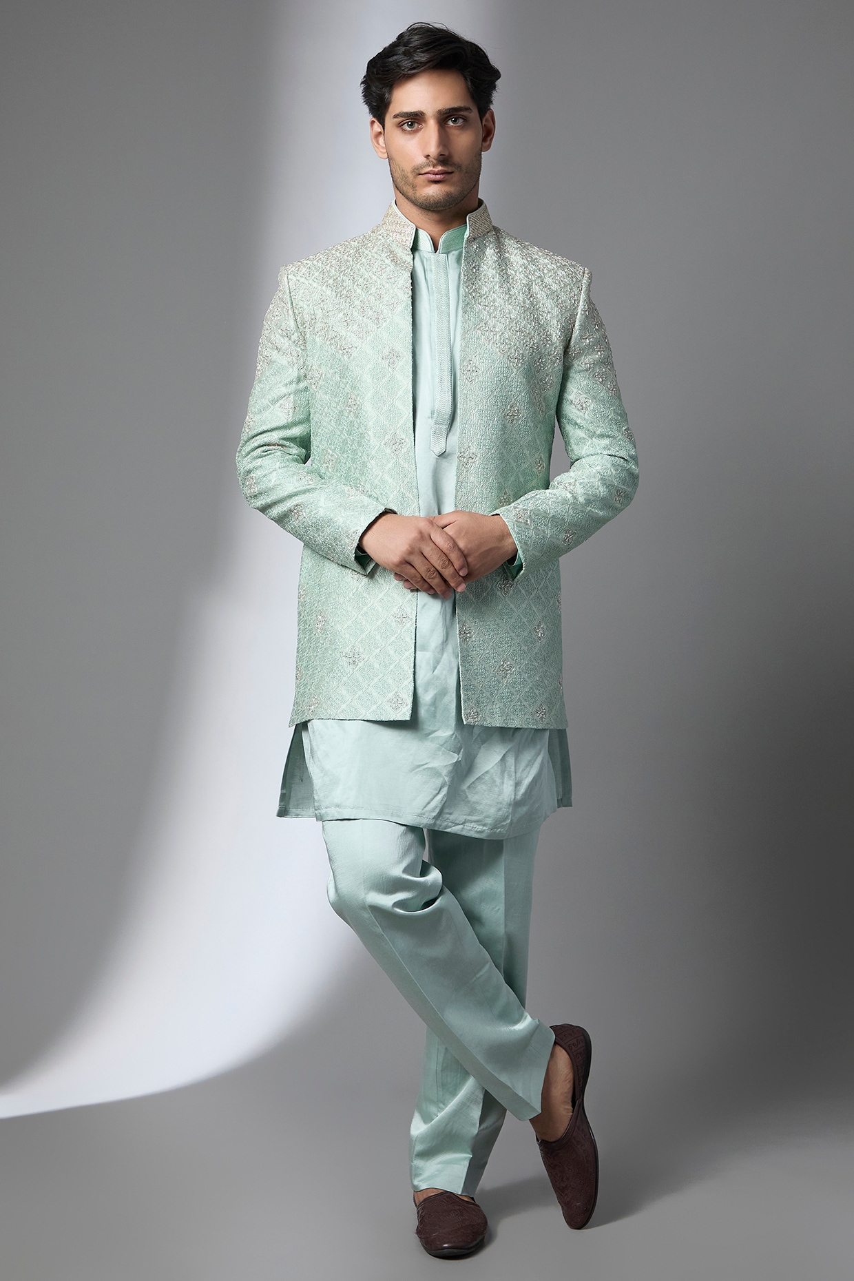 Jayesh and Kaajal Shah Green Silk Indowestern Set