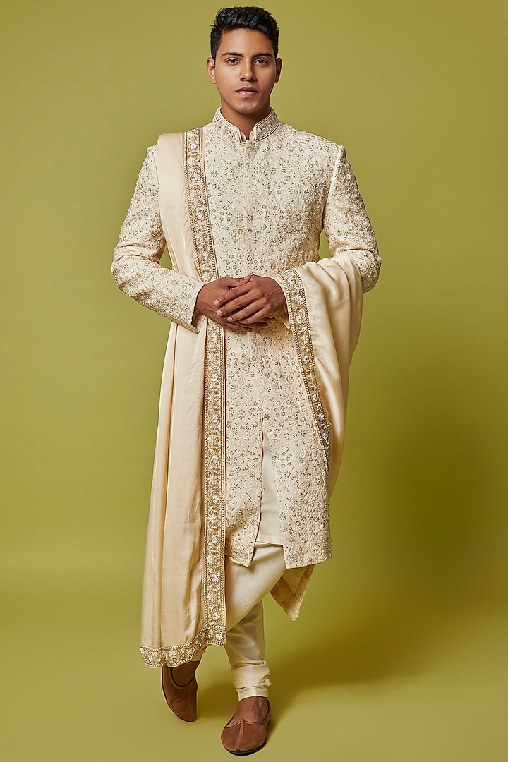 Ivory Raw Silk Embroidered Sherwani Set by Jayesh and Kaajal Shah