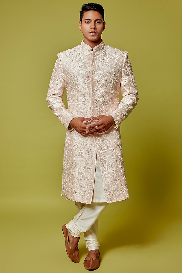 Blush Pink Raw Silk Embroidered Sherwani Set by Jayesh and Kaajal Shah