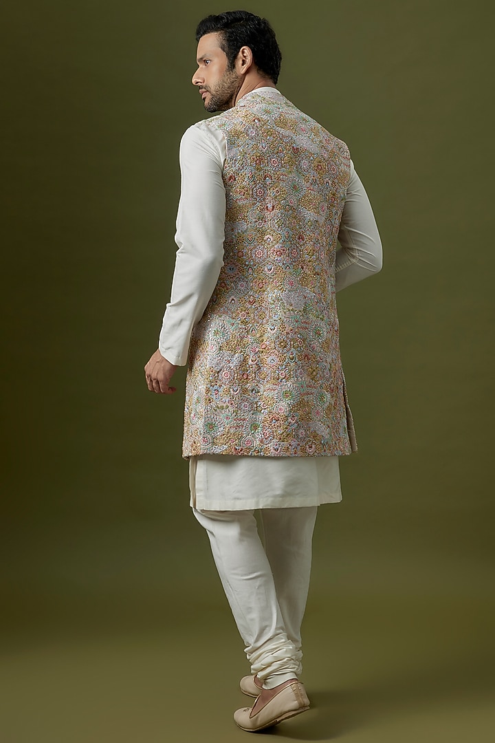 Butter Gold Polyester Groom Indowestern Jacket by Jayesh and Kaajal Shah Men at Pernia's Pop Up Shop