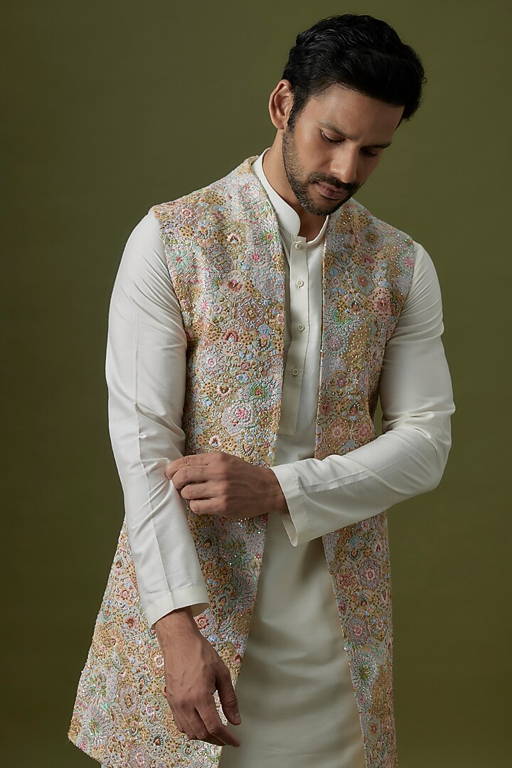 Butter Gold Polyester Groom Indowestern Jacket by Jayesh and Kaajal Shah Men at Pernia's Pop Up Shop