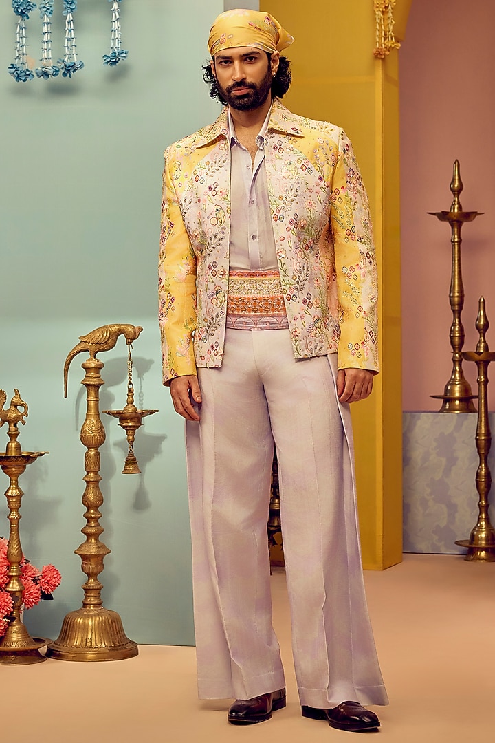 Multi-Colored Silk Bomber Jacket Set by Jayesh and Kaajal Shah Men at Pernia's Pop Up Shop