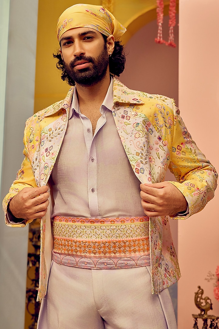 Multi-Colored Silk Bomber Jacket Set by Jayesh and Kaajal Shah Men at Pernia's Pop Up Shop