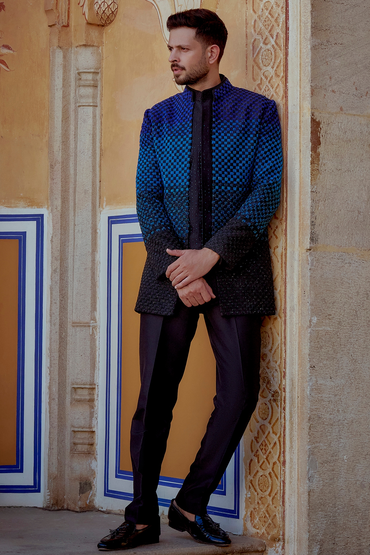 Jayesh and Kaajal Shah Electric Blue & Deep Black Ombre Silk Hand Embellished Indowestern Set