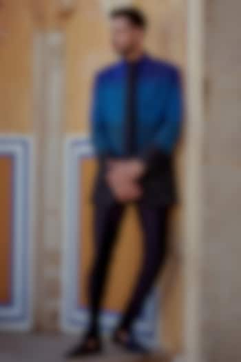 Electric Blue & Deep Black Ombre Silk Hand Embellished Groom Indowestern Set by Jayesh and Kaajal Shah Men at Pernia's Pop Up Shop