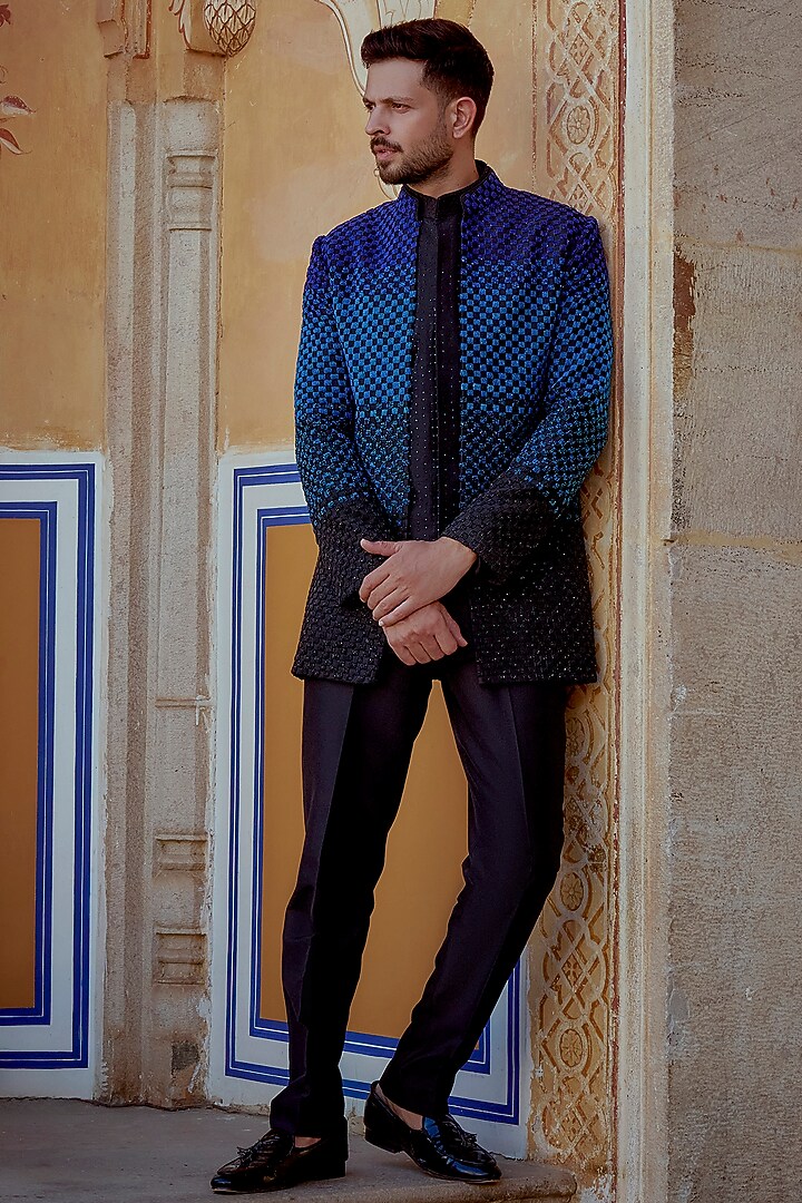 Electric Blue & Deep Black Ombre Silk Hand Embellished Groom Indowestern Set by Jayesh and Kaajal Shah Men at Pernia's Pop Up Shop