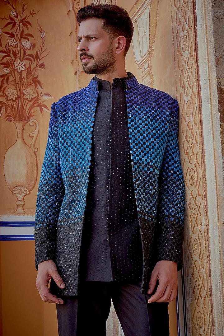 Electric Blue & Deep Black Ombre Silk Hand Embellished Groom Indowestern Set by Jayesh and Kaajal Shah Men at Pernia's Pop Up Shop