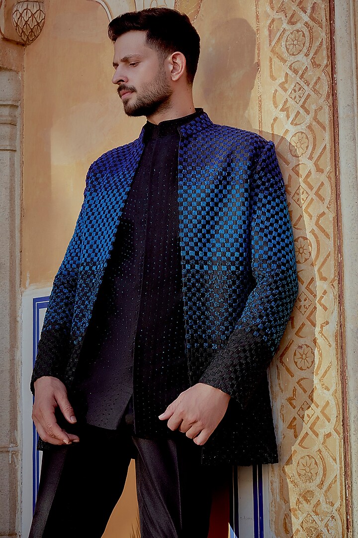 Electric Blue & Deep Black Ombre Silk Hand Embellished Groom Indowestern Set by Jayesh and Kaajal Shah Men at Pernia's Pop Up Shop
