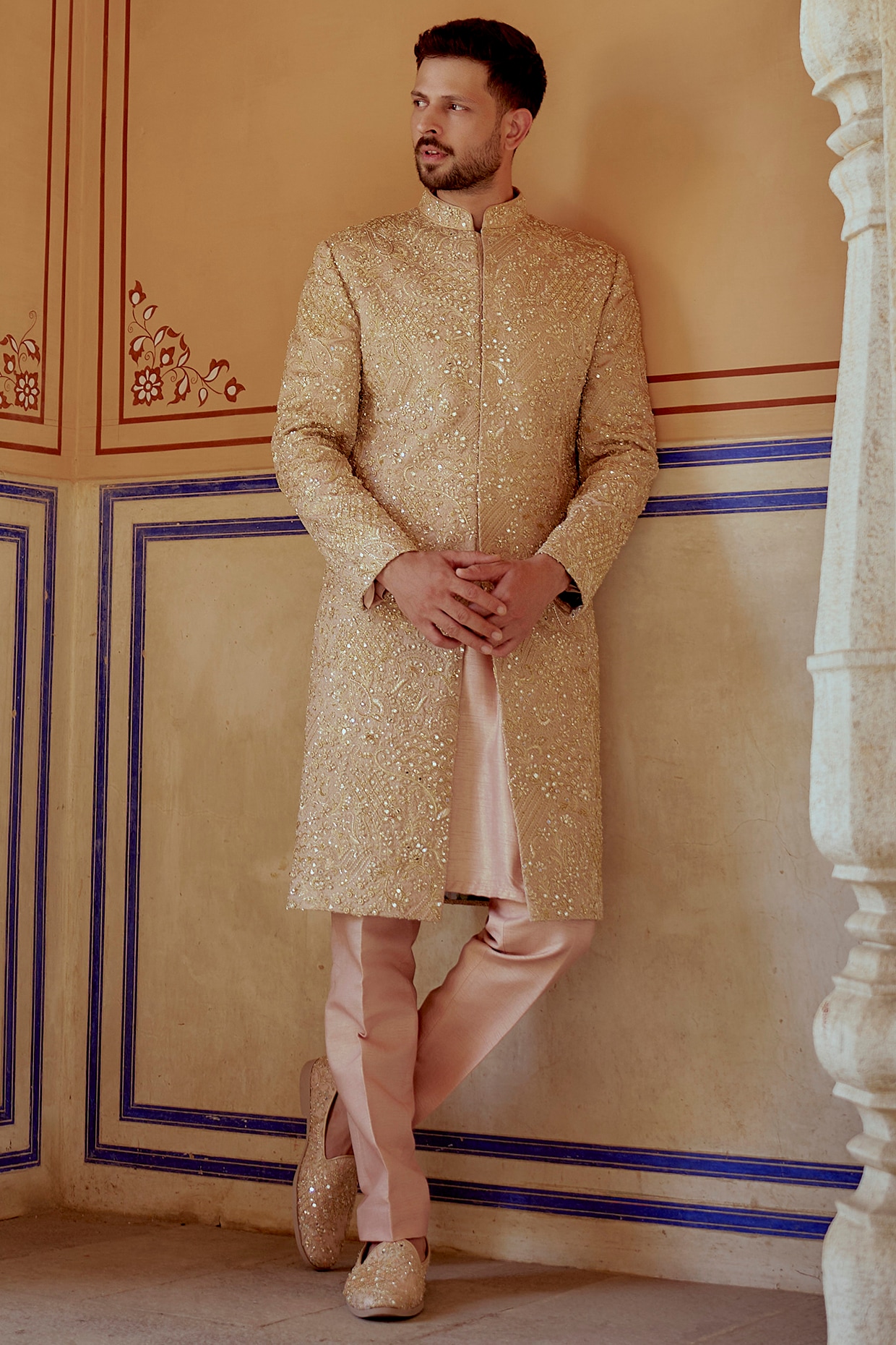 Jayesh and Kaajal Shah Antique Gold Sequins Embroidery Sherwani Set