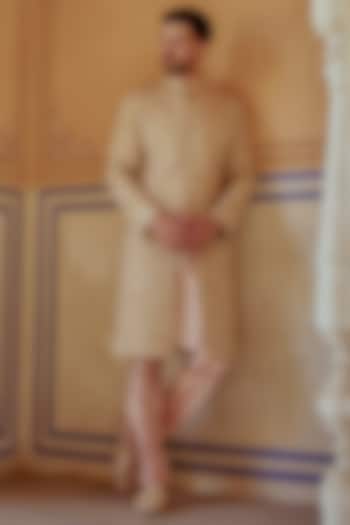 Antique Gold Sequins Embroidery Groom Sherwani Set by Jayesh and Kaajal Shah Men at Pernia's Pop Up Shop