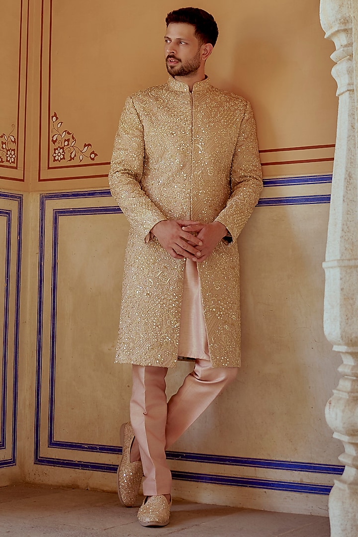 Antique Gold Sequins Embroidery Groom Sherwani Set by Jayesh and Kaajal Shah Men at Pernia's Pop Up Shop