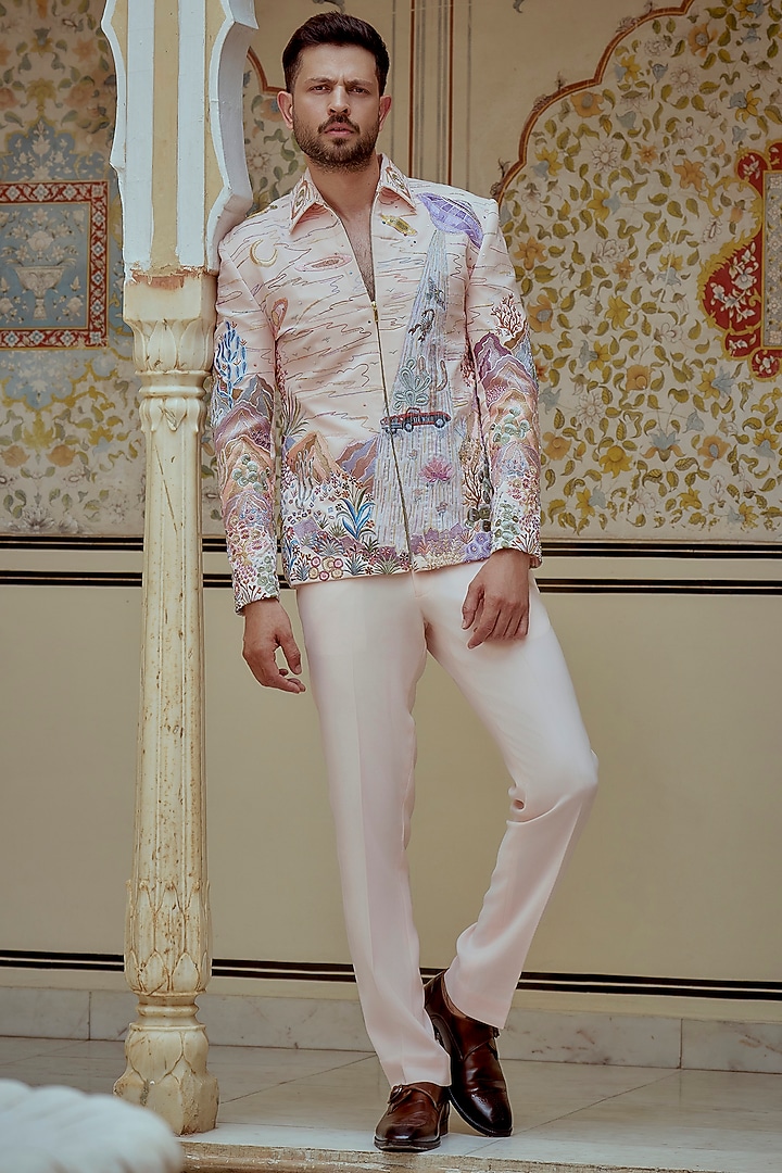 Multi-Colored Boomario Fabric Hand Embroidered Bomber Jacket Set by Jayesh and Kaajal Shah Men at Pernia's Pop Up Shop