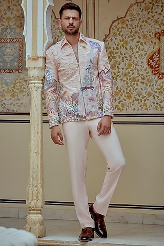 Multi-Colored Boomario Fabric Hand Embroidered Bomber Jacket Set by Jayesh and Kaajal Shah Men