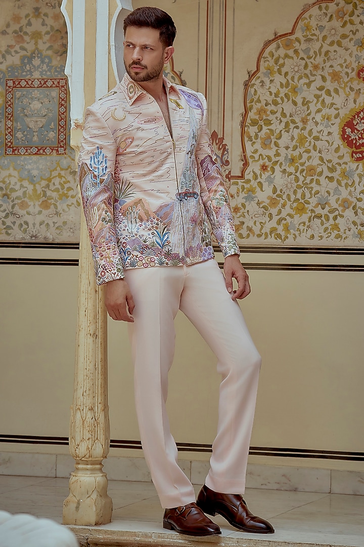 Multi-Colored Boomario Fabric Hand Embroidered Bomber Jacket Set by Jayesh and Kaajal Shah Men at Pernia's Pop Up Shop