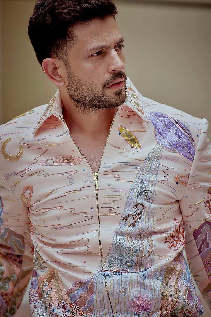 Multi-Colored Boomario Fabric Hand Embroidered Bomber Jacket Set by Jayesh and Kaajal Shah Men at Pernia's Pop Up Shop