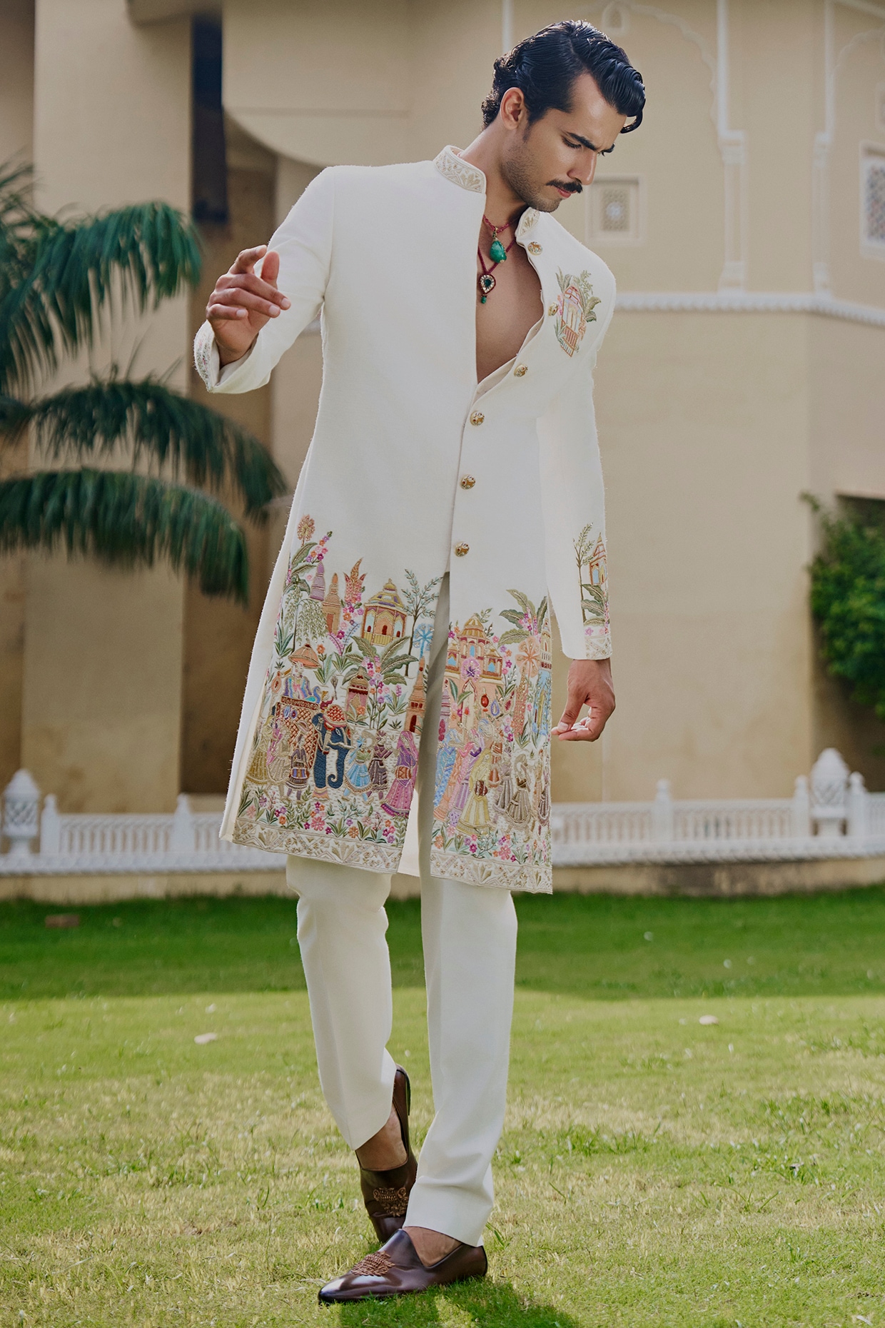 Jayesh and Kaajal Shah Pristine Ivory Matka Fabric Embroidered Sherwani Set