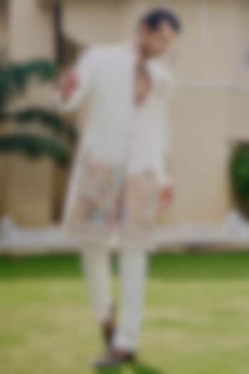 Pristine Ivory Matka Fabric Embroidered Groom Sherwani Set by Jayesh and Kaajal Shah Men at Pernia's Pop Up Shop