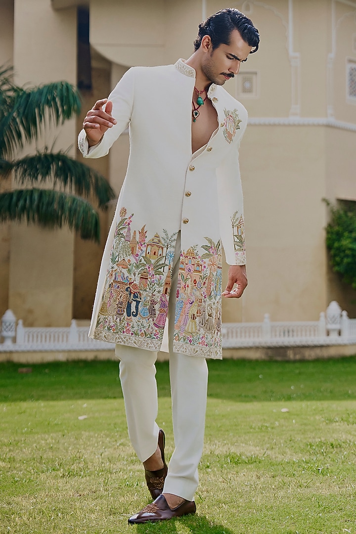 Pristine Ivory Matka Fabric Embroidered Groom Sherwani Set by Jayesh and Kaajal Shah Men at Pernia's Pop Up Shop