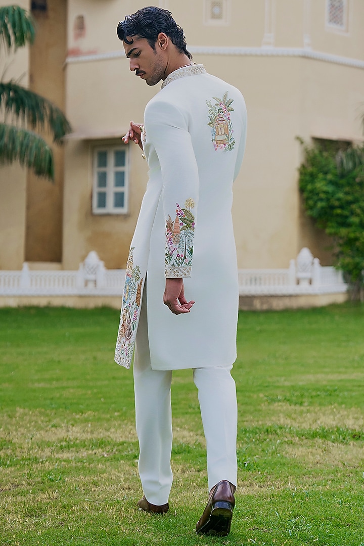 Pristine Ivory Matka Fabric Embroidered Groom Sherwani Set by Jayesh and Kaajal Shah Men at Pernia's Pop Up Shop