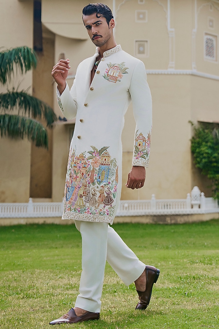 Pristine Ivory Matka Fabric Embroidered Groom Sherwani Set by Jayesh and Kaajal Shah Men at Pernia's Pop Up Shop