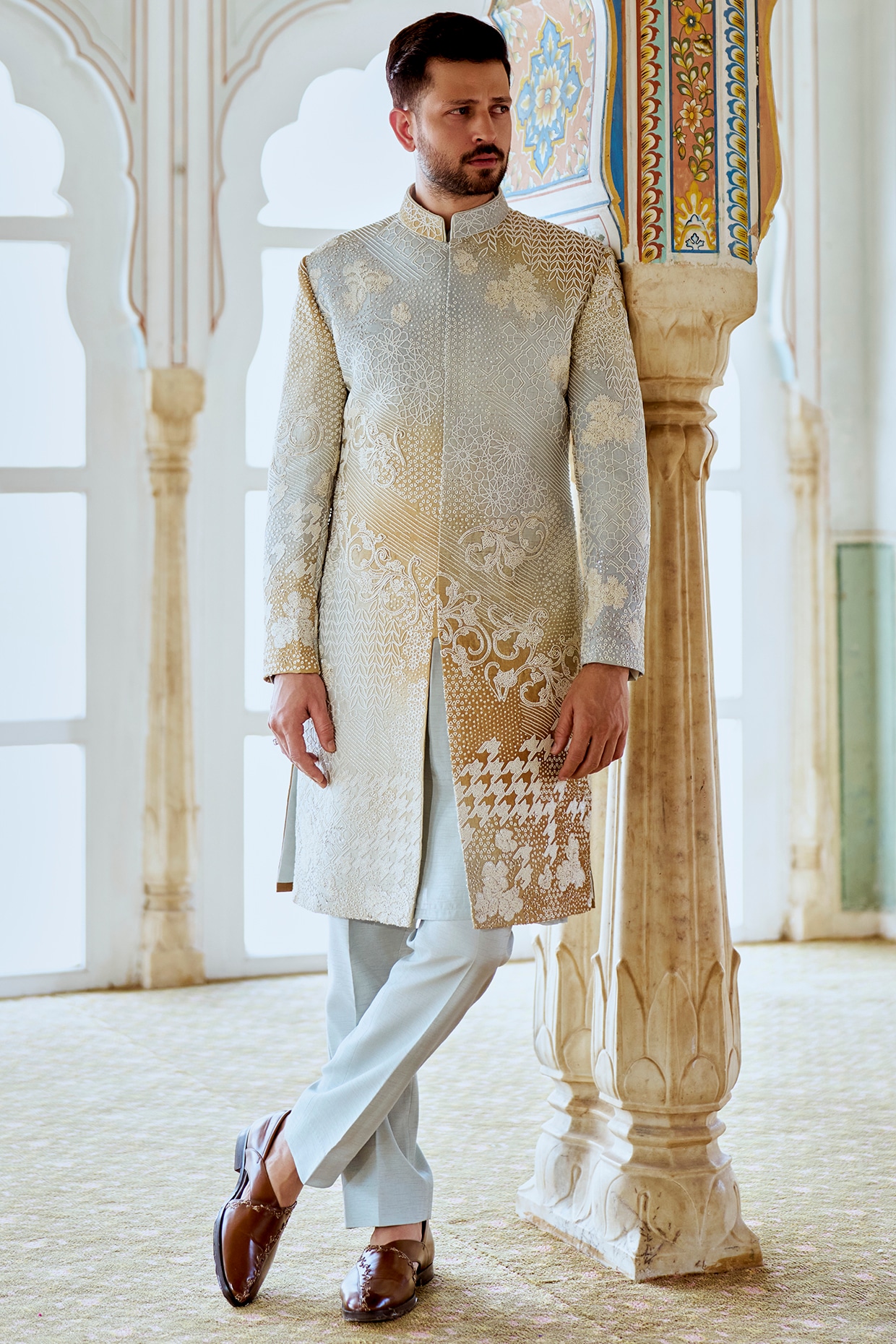 Jayesh and Kaajal Shah Gold & Silver Raw Silk Hand Embroidered Sherwani Set