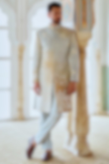 Gold & Silver Raw Silk Hand Embroidered Groom Sherwani Set by Jayesh and Kaajal Shah Men at Pernia's Pop Up Shop