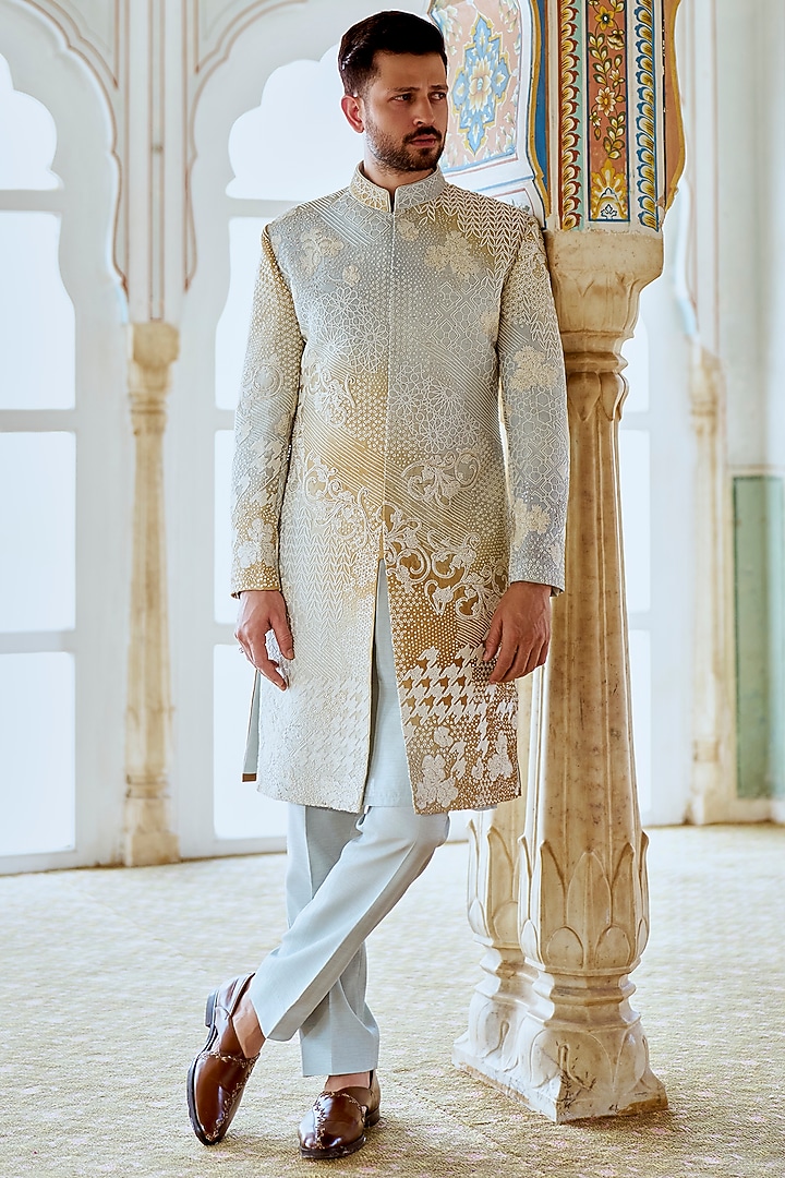 Gold & Silver Raw Silk Hand Embroidered Groom Sherwani Set by Jayesh and Kaajal Shah Men at Pernia's Pop Up Shop