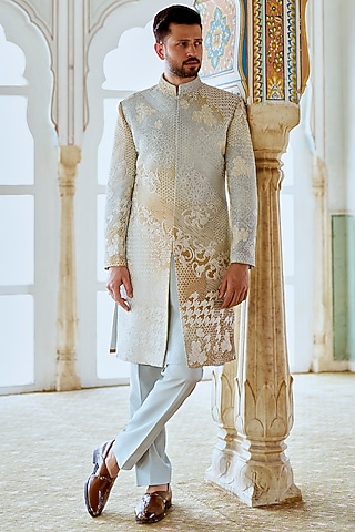 Gold & Silver Raw Silk Hand Embroidered Sherwani Set by Jayesh and Kaajal Shah Men
