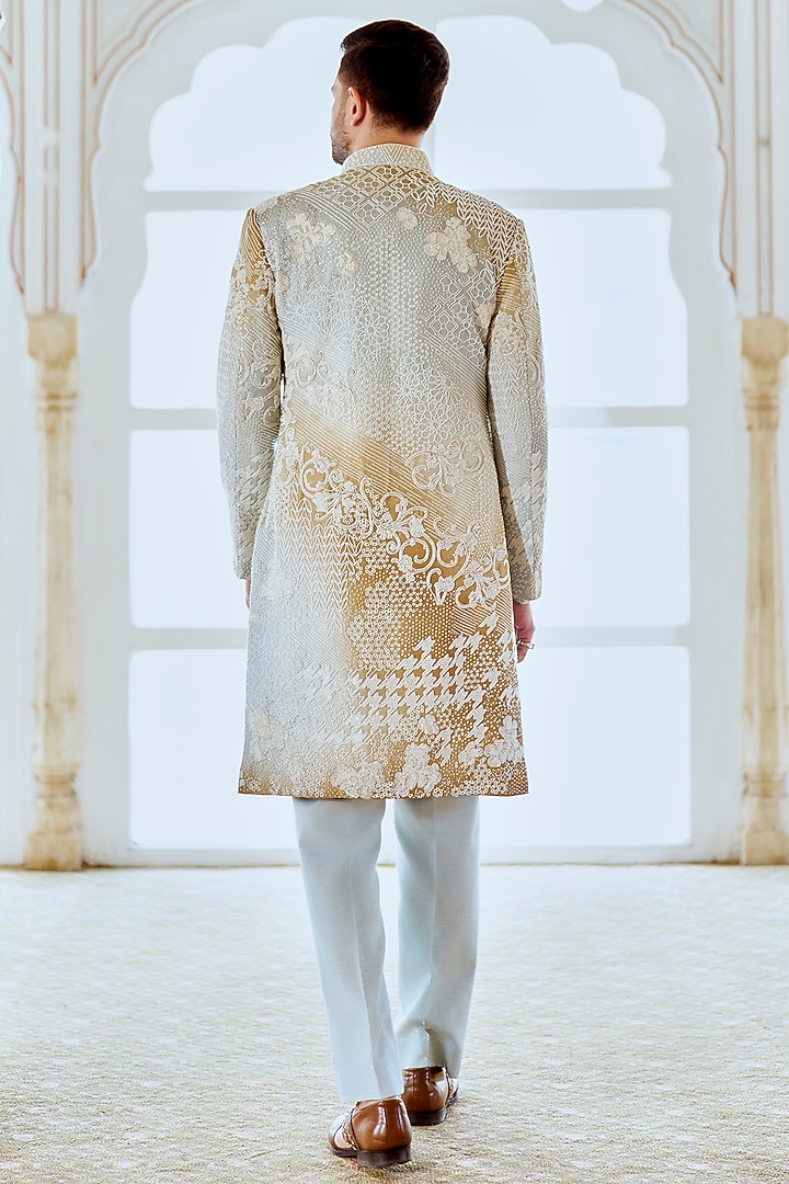 Gold & Silver Raw Silk Hand Embroidered Groom Sherwani Set by Jayesh and Kaajal Shah Men at Pernia's Pop Up Shop