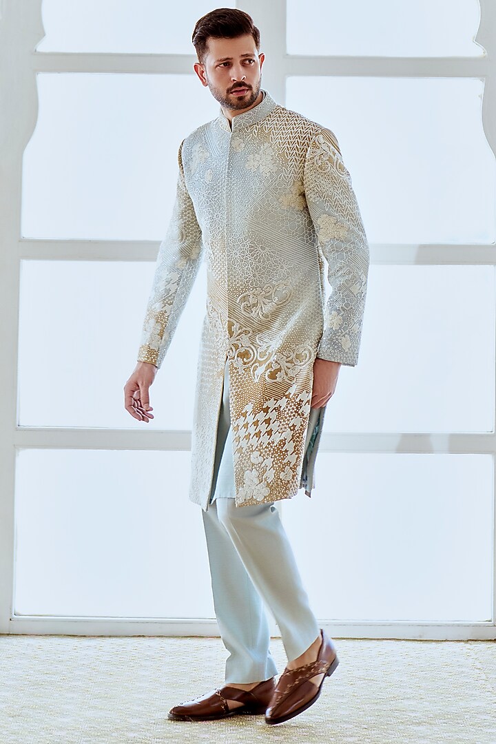 Gold & Silver Raw Silk Hand Embroidered Groom Sherwani Set by Jayesh and Kaajal Shah Men at Pernia's Pop Up Shop